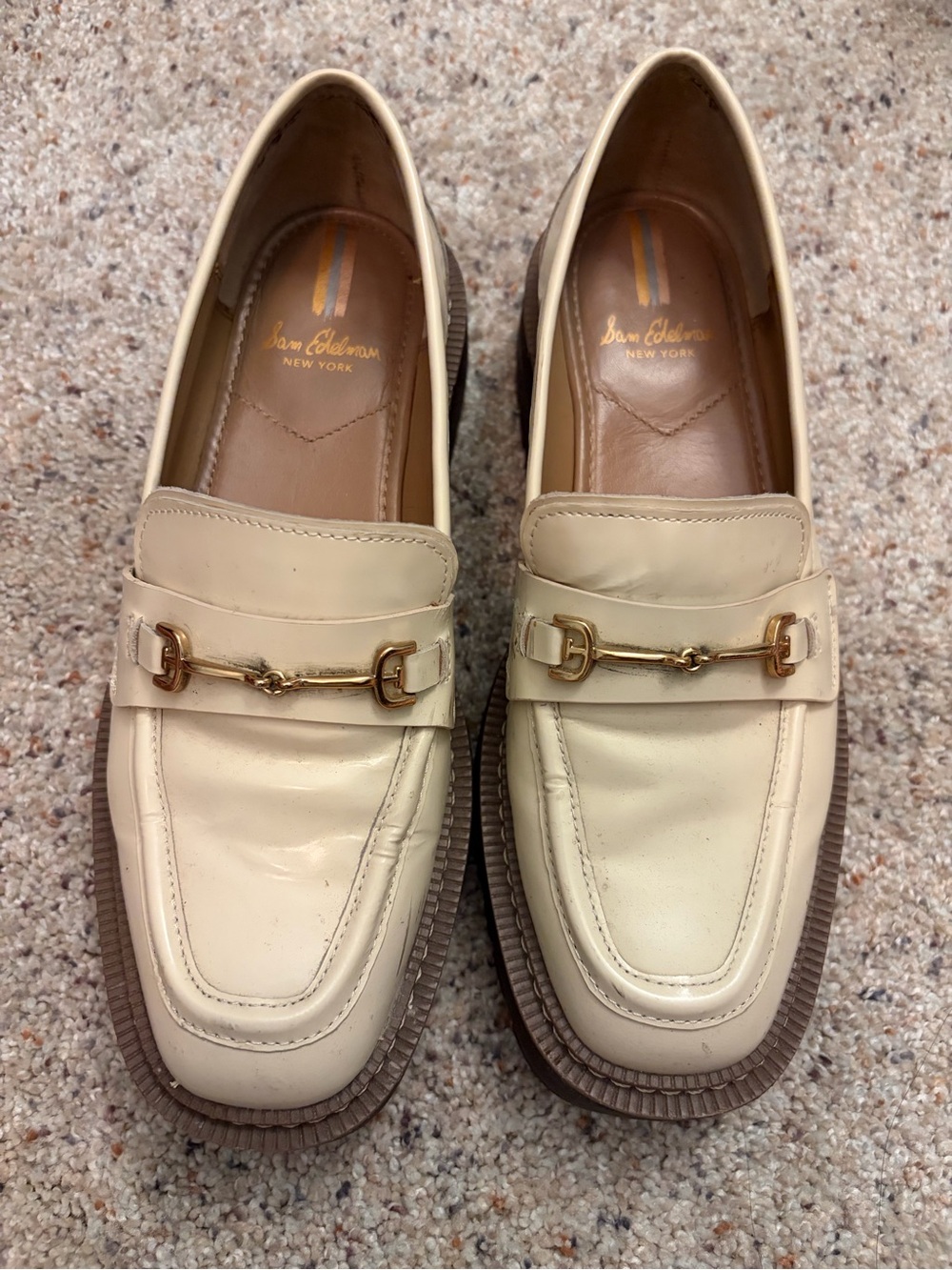 Sam Edelman Cream Leather Bit Loafers with Gold Hardware